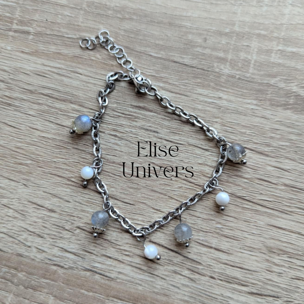 Bracelet chaîne labradorite 6mm et nacre 4mm 