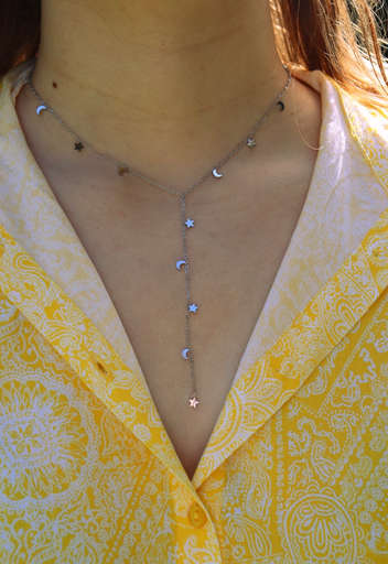 Collier en T argenté lune et étoiles